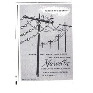 Marvella Simulated Pearl Beads Fashion Jewelry Birds 1950s Vintage Print Ad